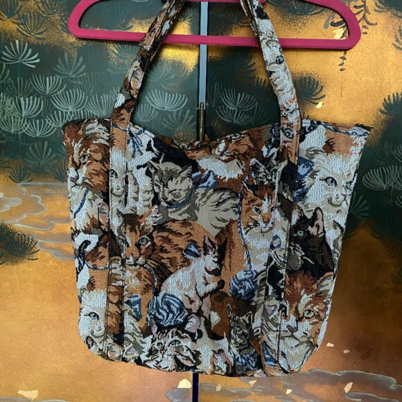 Vintage 90s Cat Tapestry Tote Bag Handbag Zipper pockets & Closure - Picture 2 of 6